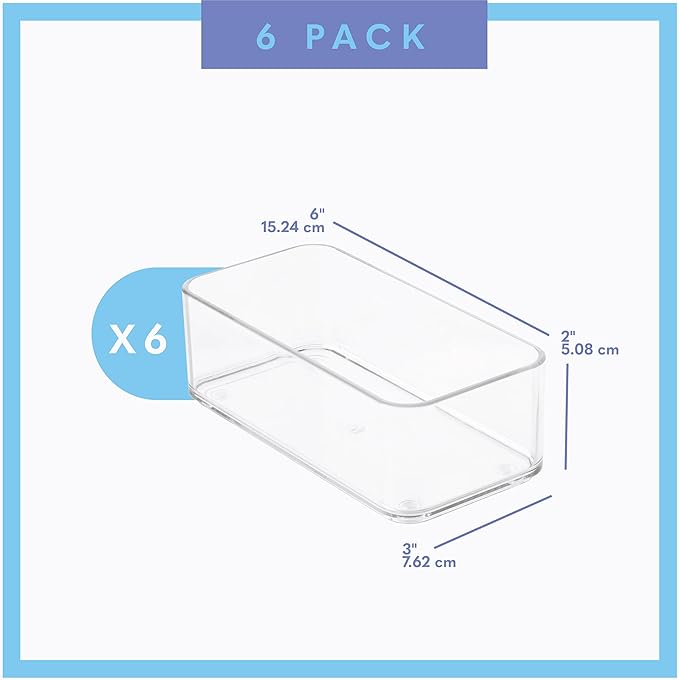 Plastic Clear Drawer Organizers. Bathroom, Kitchen, Bedroom, Nail Polish, Office Organizer Bins, Storage Trays. Heavy Duty, Stackable. 6" x 3" x 2" Set of 6