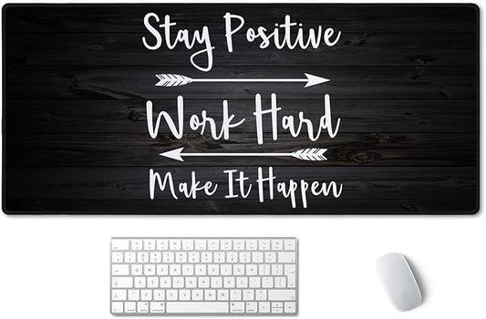 Extended Gaming Mouse Pad (35.5x15.7 in), Stay Positive Work Hard and Make It Happen Inspirational Quotes Art Rustic Black Old Wood White Quote Large Stable Rubber Base Mousepad with Stitched Edges