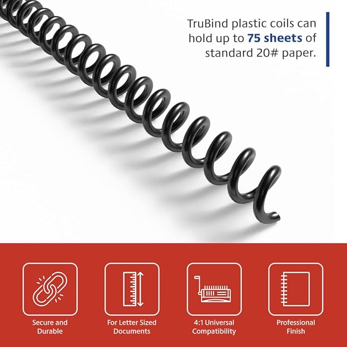 TruBind 10mm (3/8 in.) Spiral Binding Coils for Reports, Presentations and Proposals | 4:1 Pitch | 12 in. Length | Black | 75 Sheets Binding Capacity | 100 Pack