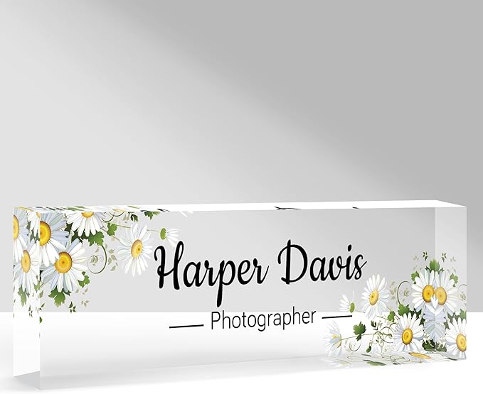 Custom Name Plate for Desk, Personalized Acrylic Office Name Sign with Name & Title, Elegant Desk Decor for Women Men, Employee Appreciation Gift (Sunflower)