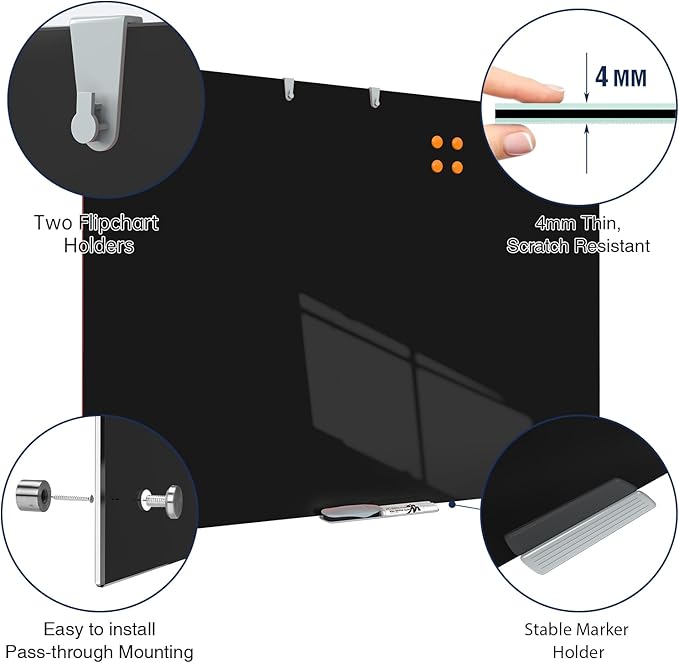 TSJ OFFICE Glass Dry-Erase Board - 48 x 30 Inches Wall Mounted Black Glass Magnetic Whiteboard, Large Frameless White Board for Office, Home & School