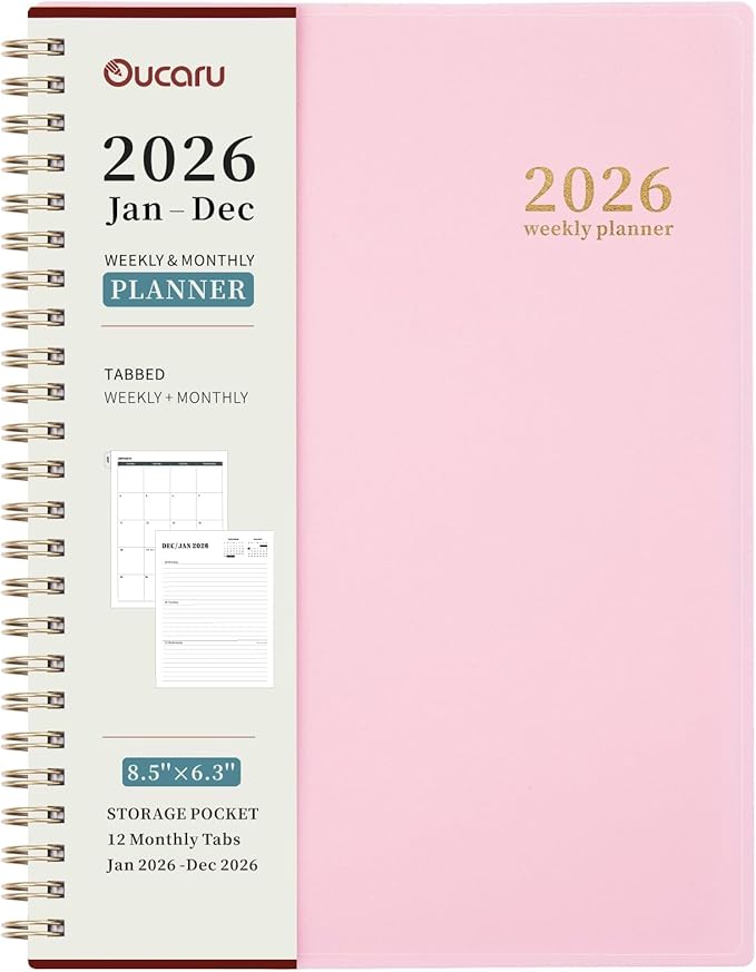 Oucaru 2026 Planner, Weekly and Monthly Planning Calendar, Jan 2026 - Dec 2026, 6.3" x 8.5", Spiral Bound, 12 Habit Trackers & Monthly Tabs, 2 Storage Pockets, Perfect for Office Home School Supplies