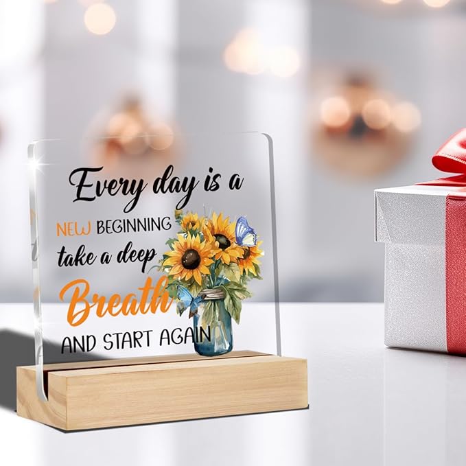 Inspirational Gifts for Women Men Sunflower Home Decor Positive Quotes Classroom Office Desk Decorative Signs Plaques 4 x 4 Inches acrylic