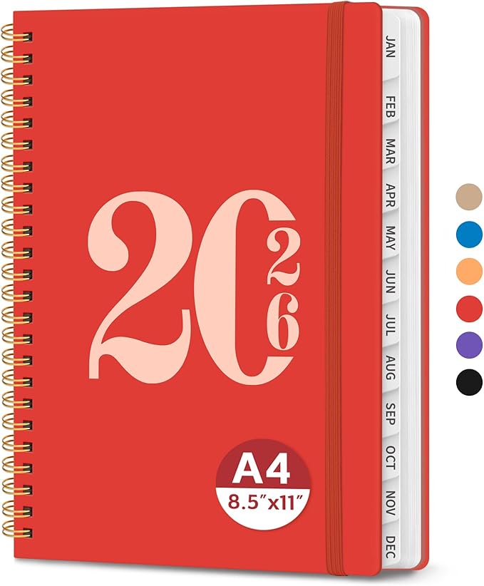 2026 Planner, Weekly and Monthly Calender Planner, Jan 2026 to Dec 2026, Hardcover 2026 Calendar Planner Book with Tabs & Inner Pocket, Office Home School Supplies for Women & Men - A4 (8.5" x 11"), Tomato Red