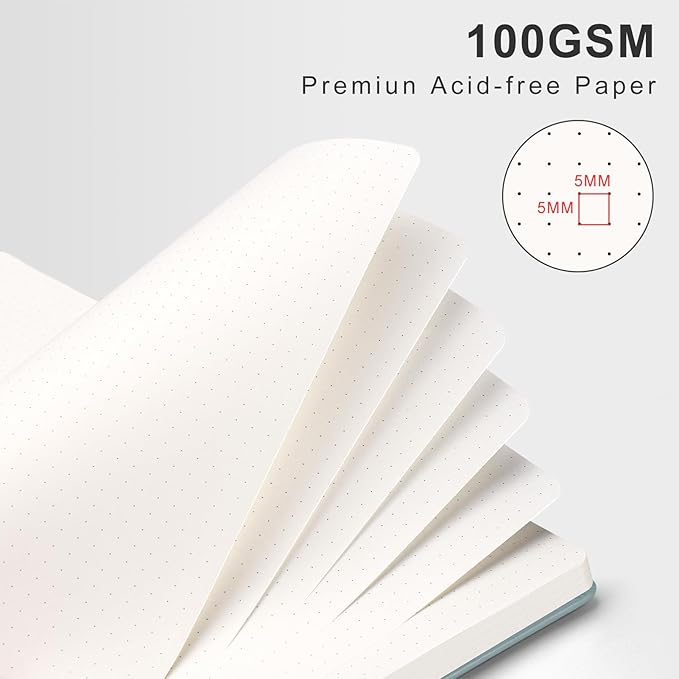 AHGXG Bullet Dotted Journal Spiral Notebook 8.5" x 11", Large A4 Leather Hardcover Dotted Notebook, 100 GSM Thick Dot Grid Paper, Inner Pocket, for Bullet Journaling, GrayBlue