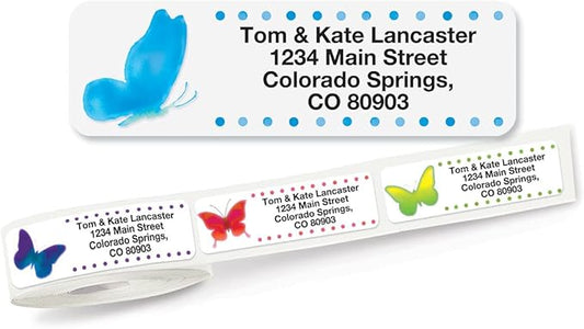 Watercolor Butterflies Rolled Personalized Return Address Mailing Labels with Dispenser, Set of 250, 5 Designs, Small ¾ x 2½ Inch Size, Custom Self-Adhesive Sticker Roll, by Colorful Images