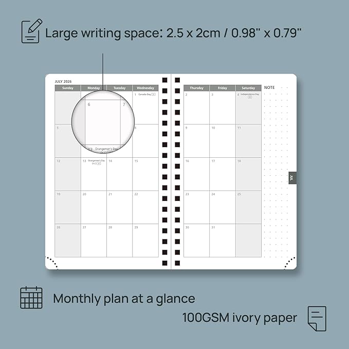 POPRUN 2026 Planner Weekly Notebook (Jan-Dec), Small Size 4''x 6.25'' - 2026 Pocket Calendar for Purse with Spiral Soft Cover, Plastic Ruler, Inner Pocket, 100 GSM - Black