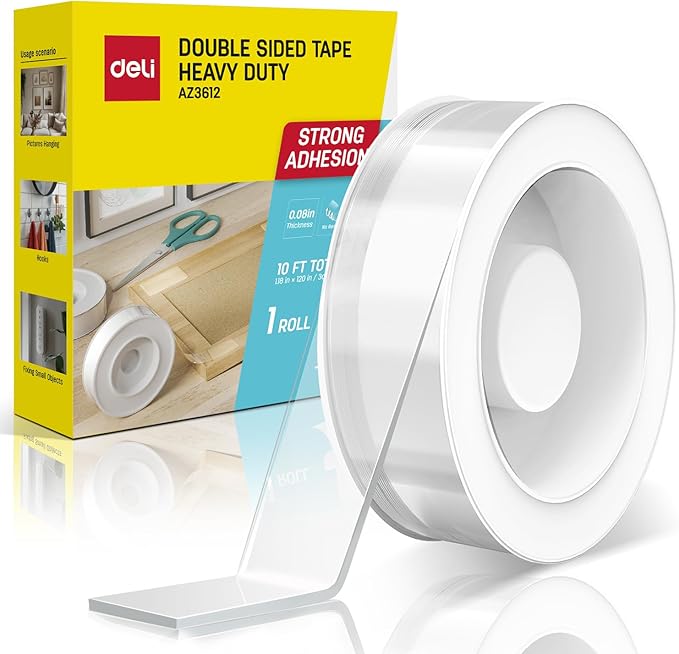 deli Double Sided Tape Heavy Duty, Nano Tape, Double Sided Mounting Tape, Clear Adhesive Tape for Hanging Picture, Poster, Carpet, Photo Deco, 10 Feet