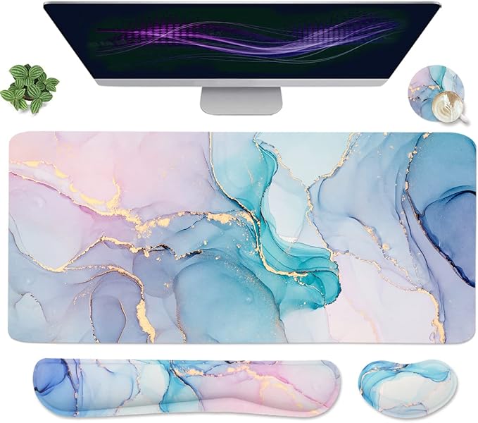 Large Mouse Pad Desk Dad, 4-in-1 Keyboard Wrist Rest Pad & Wrist Support Mouse pad Set, Extended Desk Pad Waterproof Desk Mat for Home Office Study Game-Blue Marble