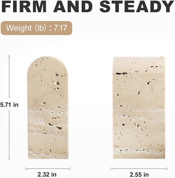 Koville Italian Travertine Bookends for Shelves, Decorative Book Ends, 7lbs Heavy-Duty Marble Book Holders, Bookshelf Apartment Decor for Normal Books/CD/Video Games(Travertino Romano)