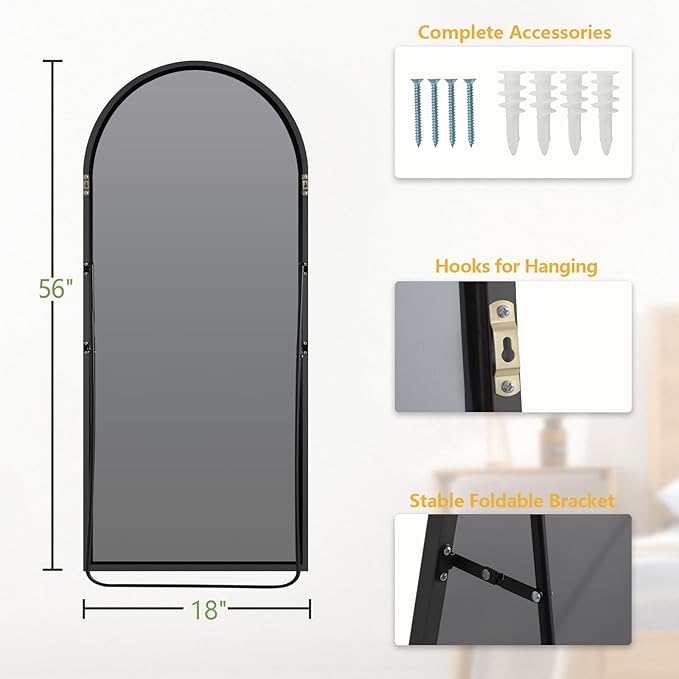 MELOMOIR Arched Full Length Mirror, 56"x18" Floor Mirror, Free Standing Mirror Leaning or Hanging, for Living Room Bedroom Cloakroom Hallway, Thin Aluminum Frame, Black