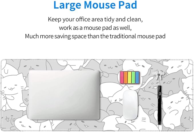 White Kawaii Cats E-Sport Mouse Pad Large Desk Mat Non-Slip Rubber Base Stitched Edge Keyboard Mouse Pad for Office Home E-Sport Computer Laptop, 31.5×11.8 Inches