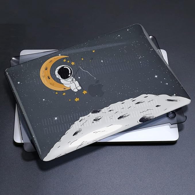 for MacBook Air 13.6 inch Case 2025 2024 2023 2022 Release M4 A3240 M3 A3113 M2 A2681, Glitter Black Printed Plastic Hard Shell Case Cover for Mac Air 13.6 M4 Chip Touch ID, Astronaut Moon
