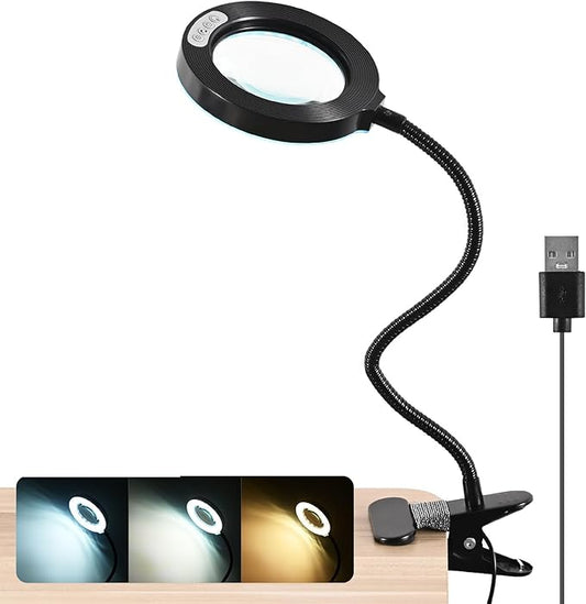 10X Magnifying Glass with Light and Timer, 2 in 1 Magnifying Desk Lamp, 3 Color Modes 10 Dimmable Brightness, Flexible Gooseneck Magnifier with Light for Craft Hobby Sewing Close Work(No Adapter)