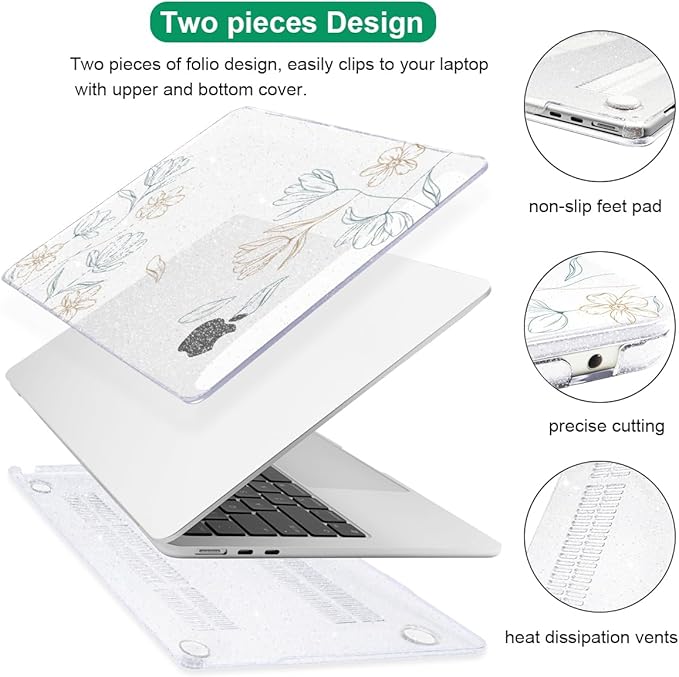 Compatible with 2025 MacBook Air 13.6 inch Case M4 A3240 Cover, Shiny Pattern Plastic Hard Shell Case Keyboard Skin for Mac Air 13.6 M2 A2681 M3 A3113 2024-2022 Release, Line Flower