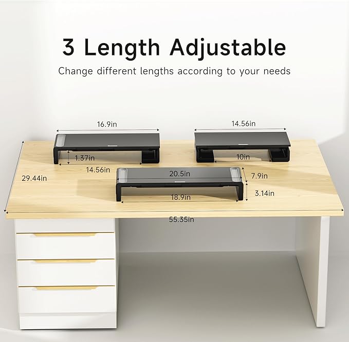 OImaster Monitor Stand Riser, Foldable Computer Monitor Riser, Adjustable Length Computer Stand and Storage Drawer & Pen Slot, Phone Stand Compatible Computer, Desktop, Laptop, Save Space (White)