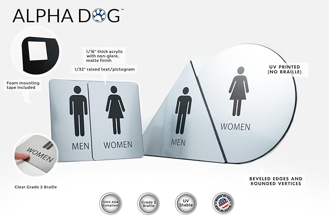 ALPHA DOG ADA SIGNS Men's Women's Restroom Sign Bundle 6x9 inch ADA Compliant Business Wall Mount Indoor Outdoor Easy Install USA Made (Brushed Stainless)