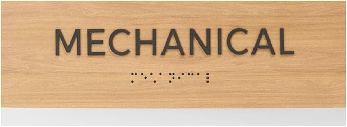 Mechanical Sign With Braille/Small Business Easy Adhesive Mount Door And Wall Sign / 3" x 9" Oak Woodgrain Design