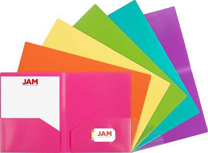 JAM PAPER Heavy Duty Plastic 2 Pocket Extra Tough School Folders - Assorted Fashion Colors - Bulk 48 Folders/Box (8 Assorted Packs of 6)