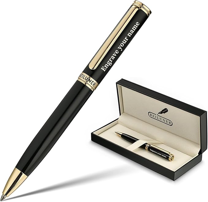 BEILUNER Luxury Personalized Gel Pen with 24K Gold Finish, Black Piano Lacquer, Luxury Grade Craftsmanship, Best Pen Gift Set for Men and Women, Professional, Executive, Office, Retractable Nice Pens