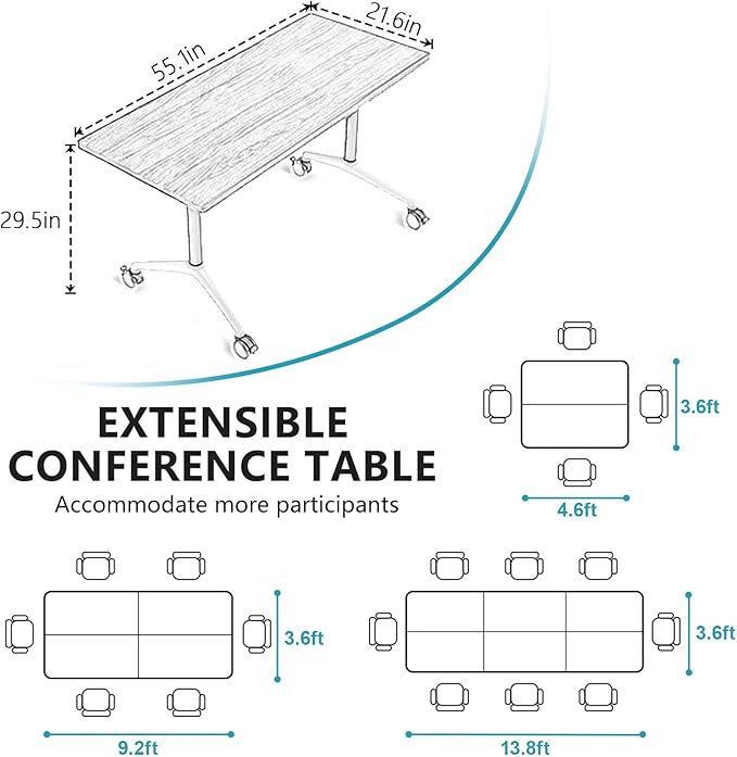 Conference Room Table, Folding Conference Tables,Thicken Grey Tabletop,Flip Top Wooden Seminar Meeting Room Table for Conference Room Offices (10, White, 55.1”)