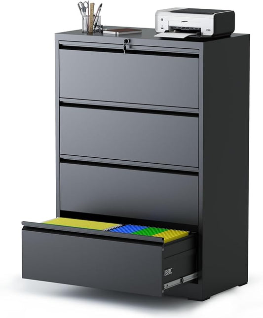 AQY 4 Drawer File Cabinets with Lock,Metal Lateral File Cabinets for Home Office,Steel Wide Filing Organization Storage Cabinets for Hanging Files Letter/Legal/F4/A4 Size Assembly Required(Black)