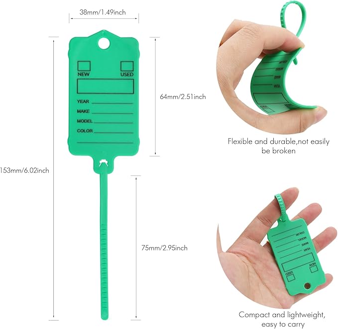 200 Car Key Tags with Labels Plastic Car Dealership Key Tags Self Locking Automotive Identifiers Blank Shop Labels with One Pen (Green)