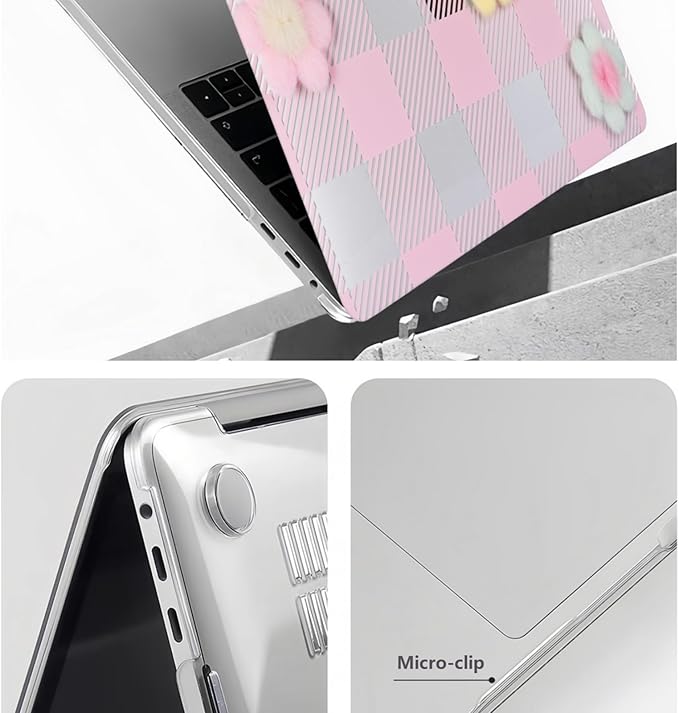 DTangLsm for MacBook Pro 13 inch Case 2025 2024-2016 M2 M1 A2338 A2289 A2251 A2159 A1989 A1706 A1708, Gingham Plush Plastic Hard Shell Cover for MacBook Pro 13.3 + Keyboard Cover, Pink Checkerboard