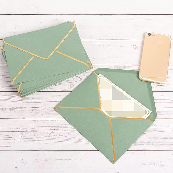 100 Pack A7 Envelopes 5 x 7 Card Envelopes V Flap with Gold Border for Office, Wedding Gift Cards, Invitations, Graduation, Baby Shower, Parties (Sage-Green, 5.32 x 7.28 Inches)