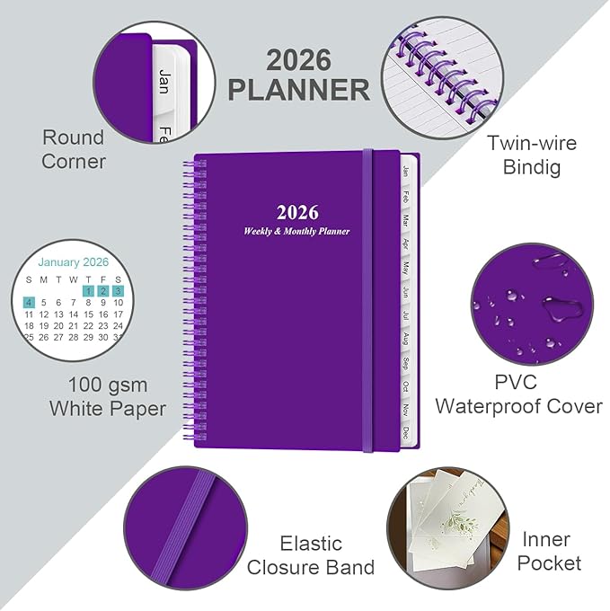 2026 Planner - Planner 2026 from January 2026 to December 2026 with 12 Monthly Tabs, Flexible Cover, Inner Pocket, 8.5" x 11", Purple-B