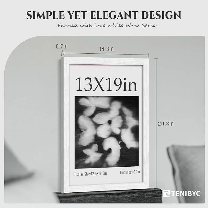 13x19 Picture Frame 4 Pack - White Solid Wood Poster Photo Frame - Tempered Glass - Woodgrain Series - Room, Office, Gallery, Studio Display - Wall Hanging