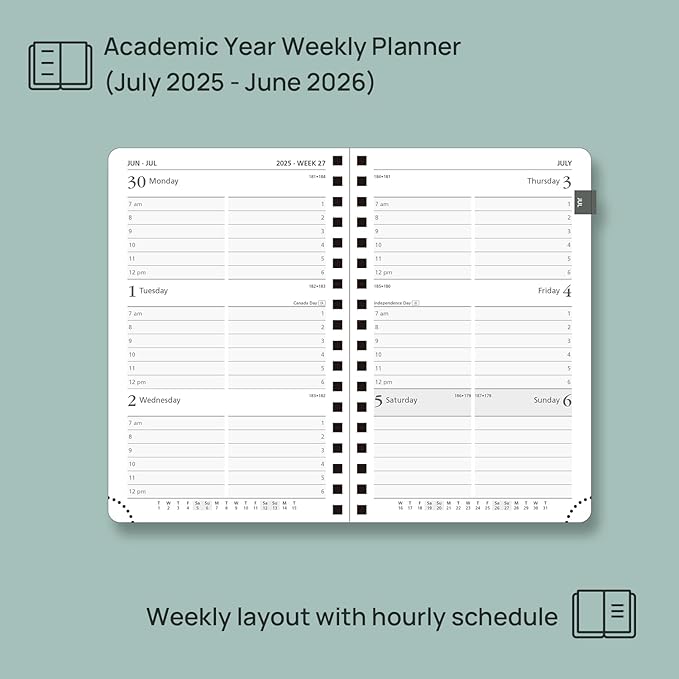 POPRUN Pocket Planner 2025-2026 (Purse Size 4'' x 6.25'') Academic Small Calendar (July 2025 - June 2026) with Hourly Time Slots, 100GSM Thick Papers, Spiral Leather Cover - Black