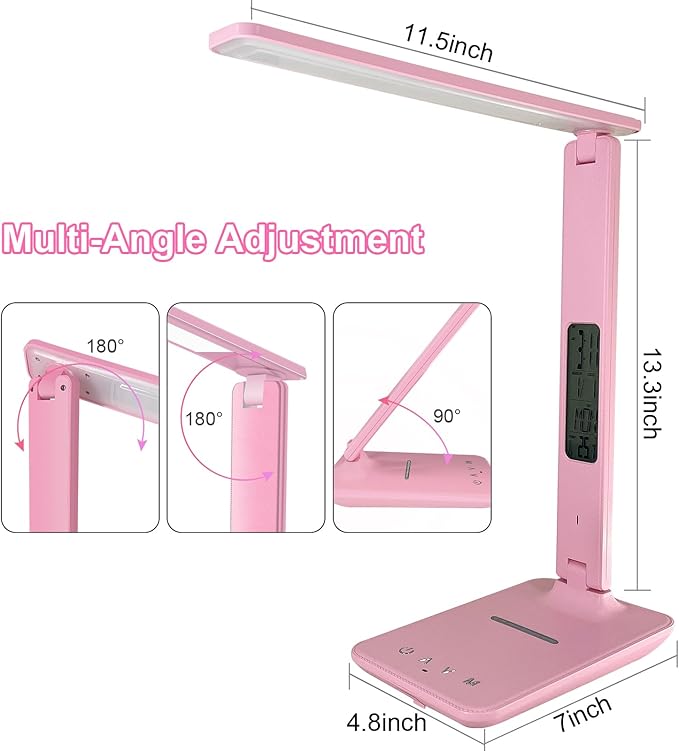 Desk Lamp with Wireless Charger，USB Charging Port, Dimmable Office Desk Light with Clock, Alarm, Date, Temperature, Foldable Lamp for Table Bedroom Bedside Office (Pink, Standard Size-13.3 inch)
