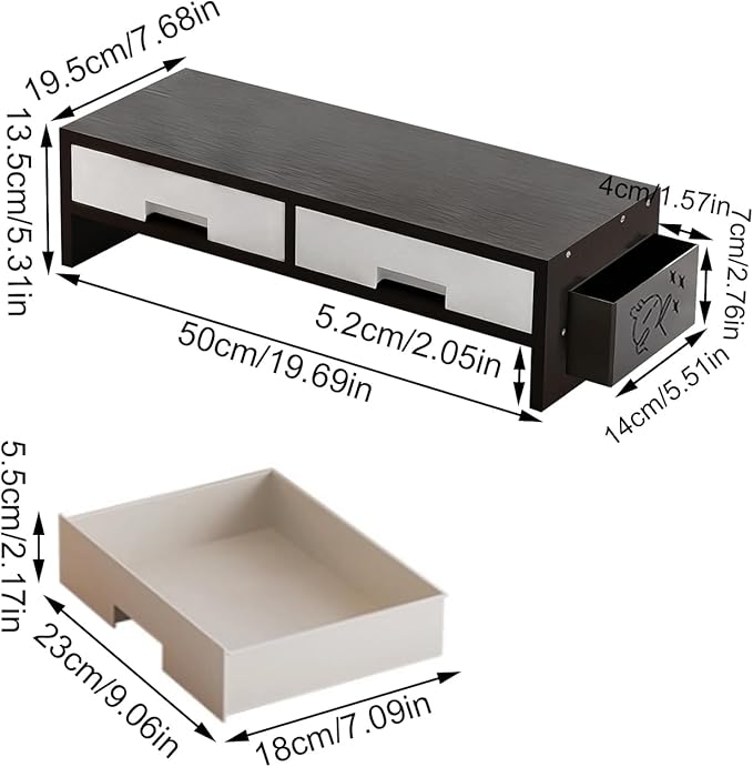 Stand Riser - Ergonomic Double Drawer Desk Organizer for Monitors, Sturdy Computer Stand with Storage Space, Desktop Accessory for Family Home Offices Indoor Study Room