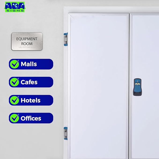 ADASigns Equipment Room Sign 7" W x 4" H - Durable Brushed Aluminum with Grade 2 Braille - Easy Installation with Strong Double Sided Tape - ADA Compliant Office Door Signs for Businesses & Offices