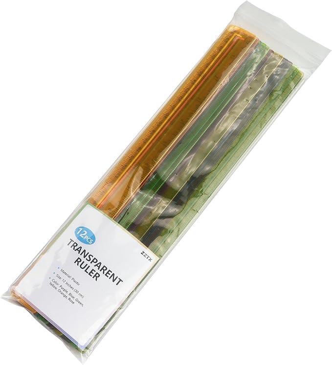 ZZTX 12 Pack Color Transparent Ruler Plastic Rulers 12 Inch, Metric Bulk Rulers with Inches and Centimeters, Kids Ruler for School, Home, Office