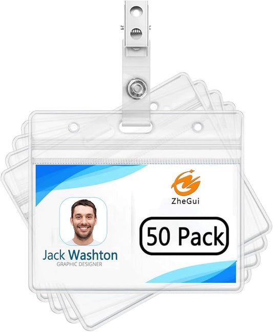 ID Badge Holder with Clip Clear Plastic Name Tag Holders Horizontal Ziplock Waterproof PVC ID Card Holder with Clip Straps(50 Pack, Horizontal 2.3X3.5)