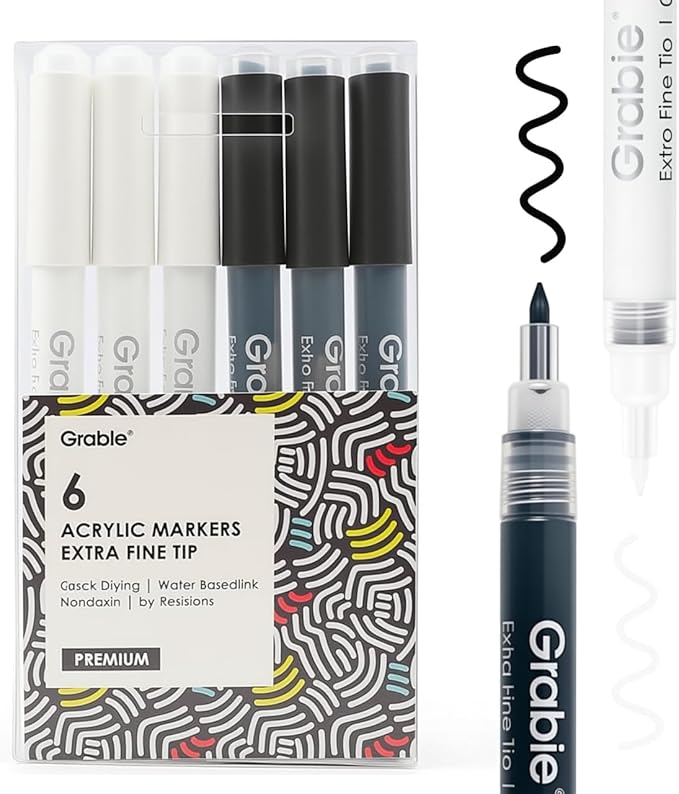 Grabie Black & White Extra Fine Tip Acrylic Paint Marker Set, 6 Pack, 0.7mm Acrylic Paint Pens for Highlights and Fine Details on Drawings, Rock Painting Glass Canvas Wood, White Highlight Markers