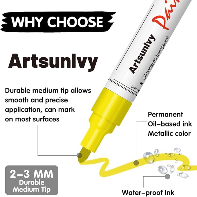 Yellow Paint Pens Permanent Markers - 2 Pack Oil Based Quick Dry Waterproof Markers for Tire, Rubber,Wood, Rocks, Metal, Canvas, Plastic, Dark Surface,Craft Art Supplies,Medium Point