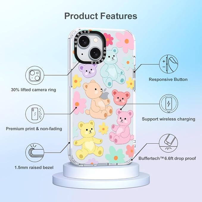 MOSNOVO Case for iPhone 15, [Buffertech 6.6ft Military-Grade Drop Protection] [Anti Peel Off Tech] Clear TPU Bumper Phone Case Cover Design - Cute Teddy Bear