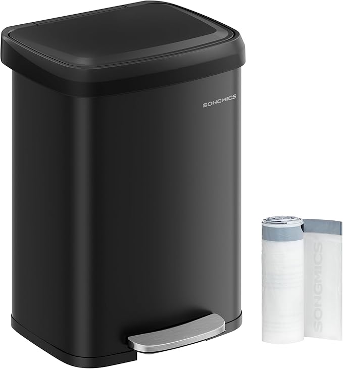 SONGMICS Kitchen Trash Can, 13 Gallon (50 L) Stainless Steel Garbage Can, with Stay-Open Lid and Step-on Pedal, Soft Closure, Tall, Large and Space-Saving, Black ULTB530B50