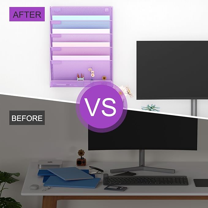 Wall File Organizer Holder Mesh Hanging Paper Document Holder, Vertical 6 Pocket Tier for Office Home, Light Purple