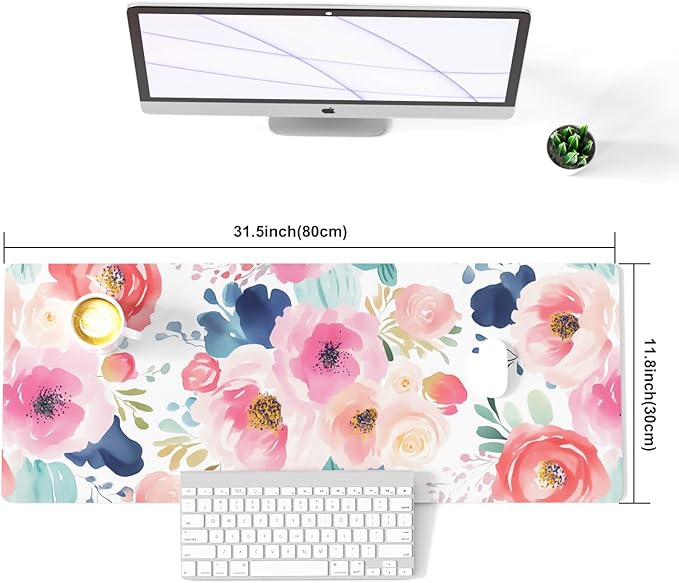 Colorful Star Large Mouse Pad, Pink Floral Desk Mat for Desktop, Women Girls PU Leather Waterproof Gaming Mousepad, Computer PC Laptop Protector Flowers Desk Pads for School Office Home 31.5" x 11.8"