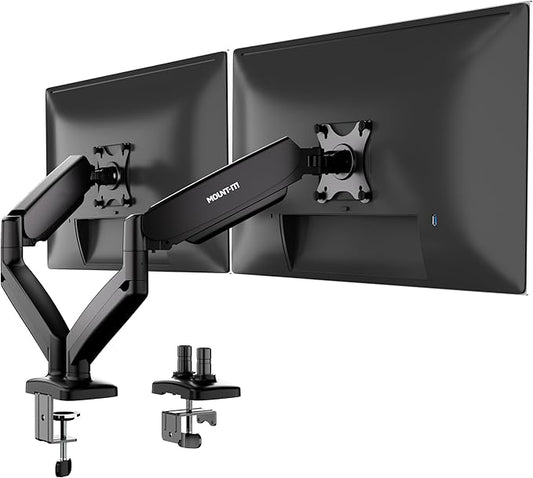 Mount-It! Dual Monitor Desk Mount – Full Motion Gas Spring Arms, Fits 13 to 32 Inch Screens, Holds 17.6 lbs per Arm, Dual Monitor Stand, VESA Mount, C-Clamp & Grommet Base