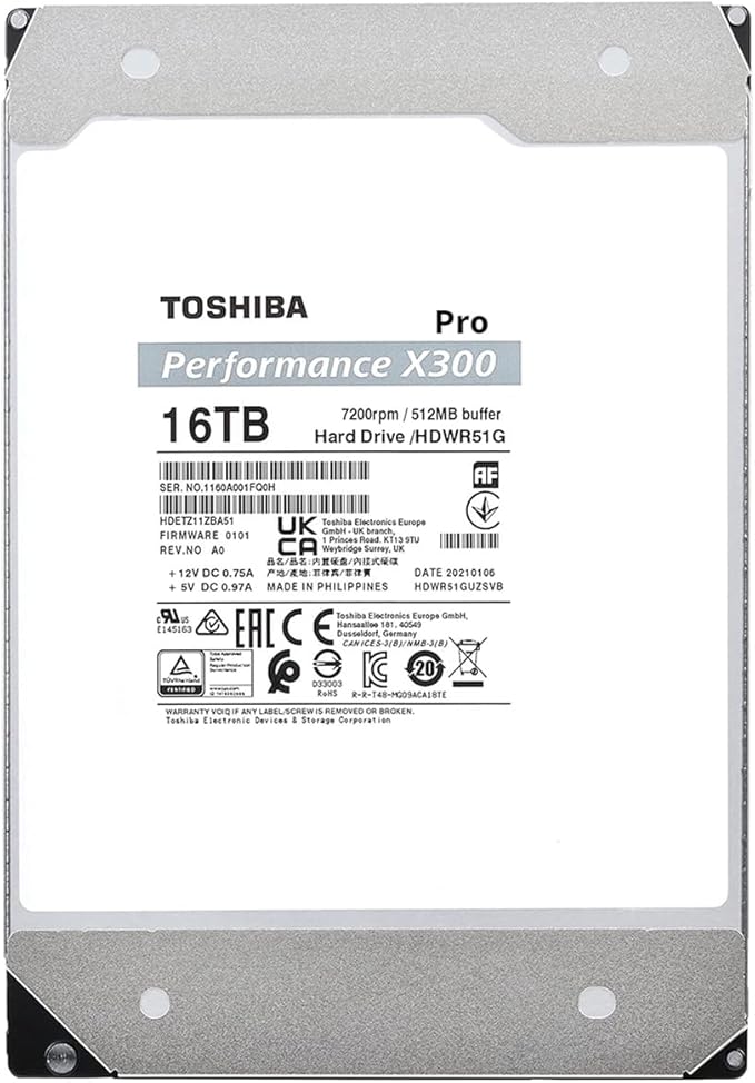 Toshiba X300 PRO 16TB High Workload Performance for Creative Professionals 3.5-Inch Internal Hard Drive – Up to 300 TB/Year Workload Rate CMR SATA 6 GB/s 7200 RPM 512 MB Cache - HDWR51GXZSTB