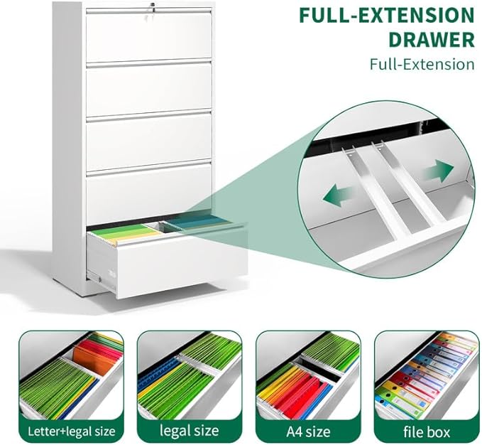 5 Drawer Lateral File Cabinet with Lock, Metal Filing Cabinets for Home Office, Steel Storage Wide File Cabinet for Letter/Legal/F4/A4 Size with Hanging Bars, Assembly Required (White)