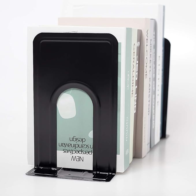 8 Pairs 16 Pieces 8.3 x 5.1 x 6.5 Inch Metal Bookends, KINJOEK Heavy Duty Book Support with Anti Slip Pads for Books, Magazines, DVDs, Perfect for Home, Office, School, Library, Black