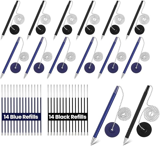 Secure Pen with Adhesive Pen Chain Holder 23-Inch Chain (42 Pieces) | 7 Black Pens and 7 Blue Pens with 14 Black & 14 Blue Refills | Counter Pens with Chain & Base