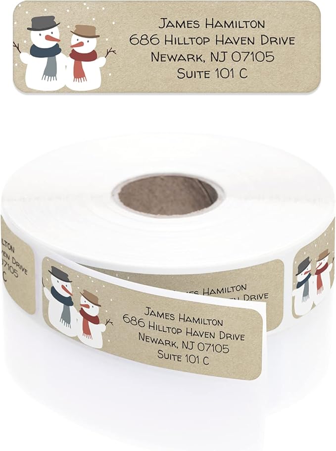 Kraft Snowmen Rolled Address Label/Roll of 500 Rustic Holiday Personalized Address Labels/Designer Return Address Stickers in Elegant Plastic Dispenser