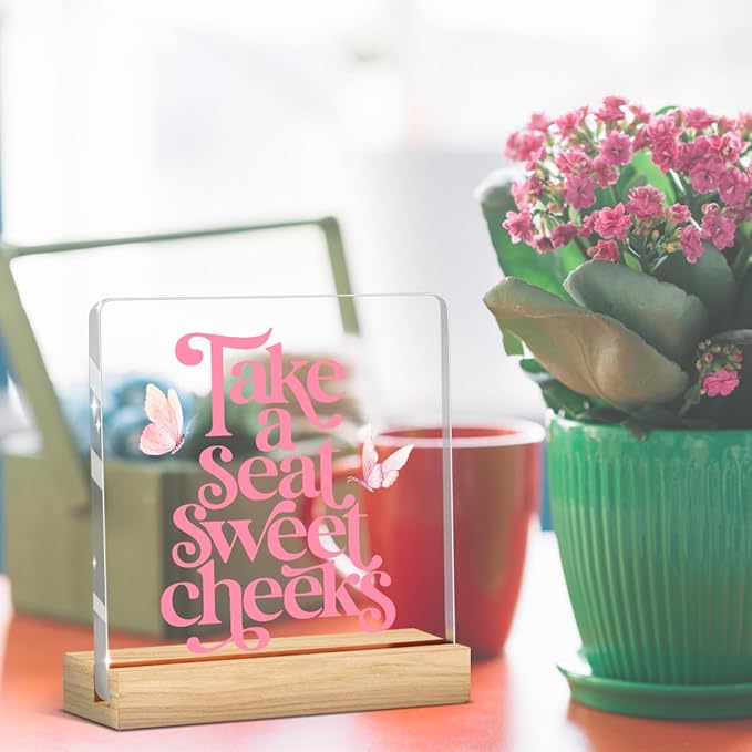Funny Pink Bathroom Decor Preppy Take A Seat Sweet Cheeks Sign Bathroom Toilet Table Acrylic Sign Plaque Table Decorations for Home Toilet Washroom